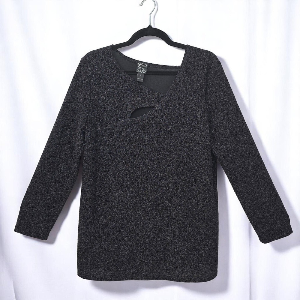 Clara Sun Woo Cut Out Top Sparkle Knit‎ Long Sleeve Blouse Woman XL Party Dressy